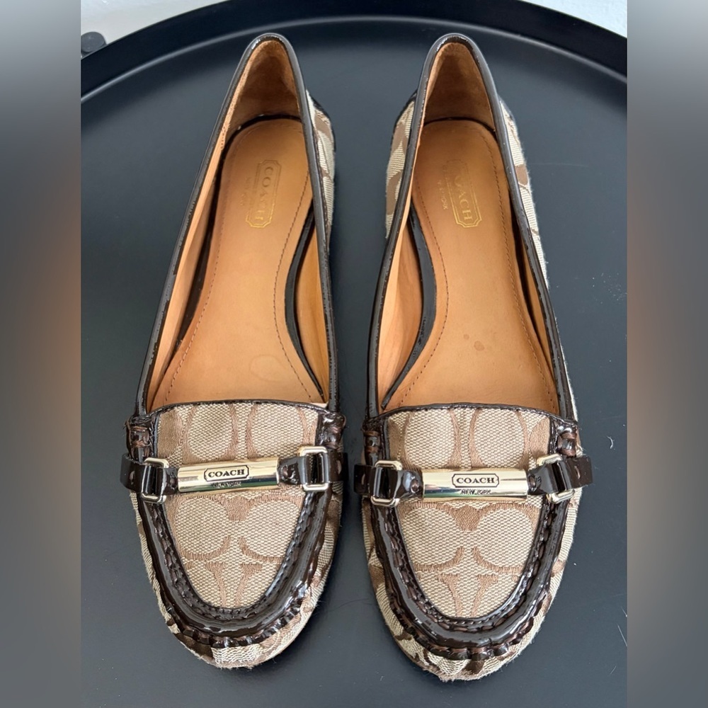 Coach Beige Signature Jacquard Loafers with Brown Patent Trim